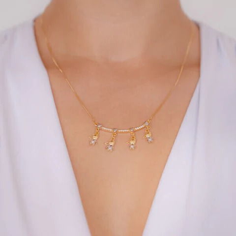 Colar Filhos 4 Meninos com Microzirconias e Caneta de Ródio no Dourado