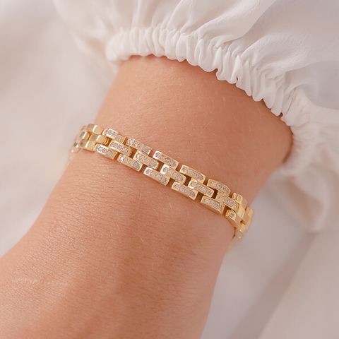 Pulseira Elos Relogio com Microzirconias no Dourado