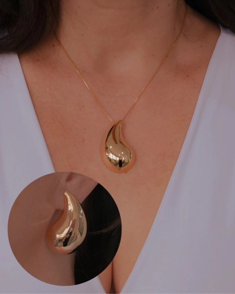 Conjunto Brinco e Colar Gota Grande Lisa no Dourado - comprar online