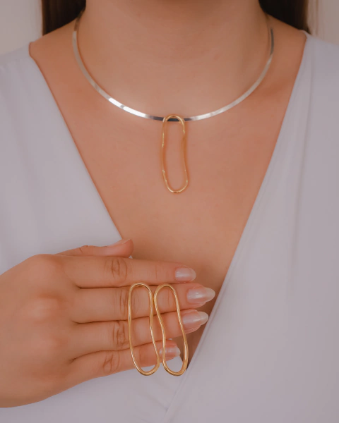 Conjunto Brinco Colar Choker Aro com Organico no Dourado e Prata - comprar online