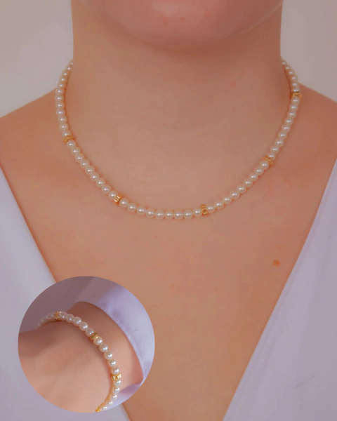 KIT 2 Produtos - Colar Choker Pérolas e Florzinha e Pulseira Pérolas e Florzinha no Dourado