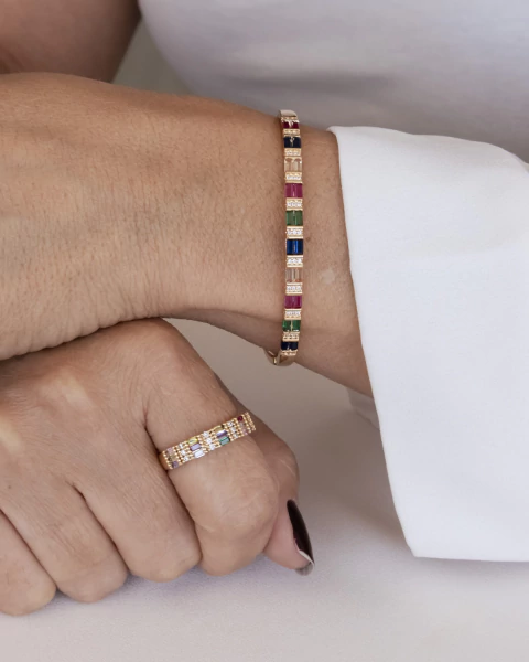 KIT 2 Produtos - Pulseira Bracelete Baguetes de Cristais Coloridos e Anel Baguetes de Cristais Coloridos no Dourado