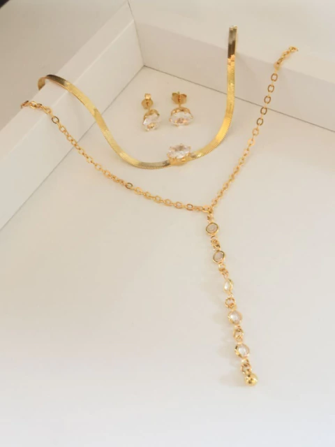 Kit 2 Produtos - Conjunto Brinco e Colar Choker com Zircônia + Colar Gravatinha com Pontos de Luz Dourados