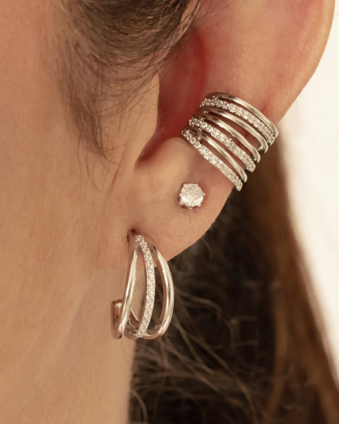 KIT 2 Produtos - Brinco Duplo Garrinhas Lisas e Uma com Microzirconias + 1 Ponto de Luz e Brinco Piercing Unitario Tiras Lisas e de Microzirconias no Ródio Branco