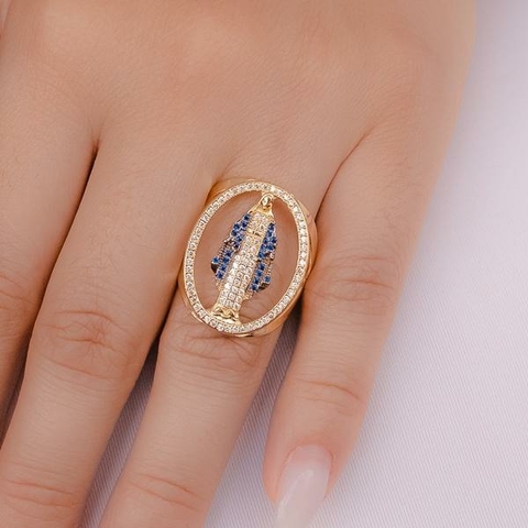 Anel Nossa Senhora das Graças com Caneta de Ródio no Dourado