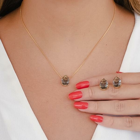 Conjunto Gota de Cristal Fumê no Dourado