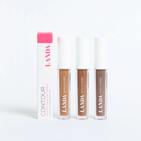 Contorno líquido de Landa, con tres tonos en frascos y packaging de cartón.