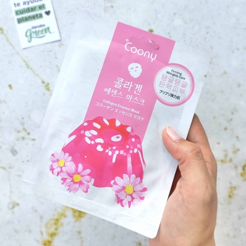 Mascarilla facial de colágeno Coony en un empaque rosa con flores, ideal para reafirmar y combatir el envejecimiento.