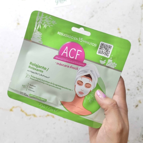 Mascarilla facial relajante de ACF, con ingredientes naturales y resultados visibles en 15 minutos.