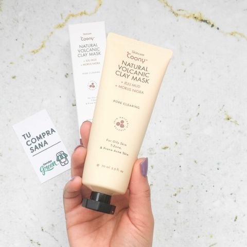 Mascarilla facial de arcilla volcánica natural Coony en un tubo de 70 ml, ideal para pieles grasas y con acné.