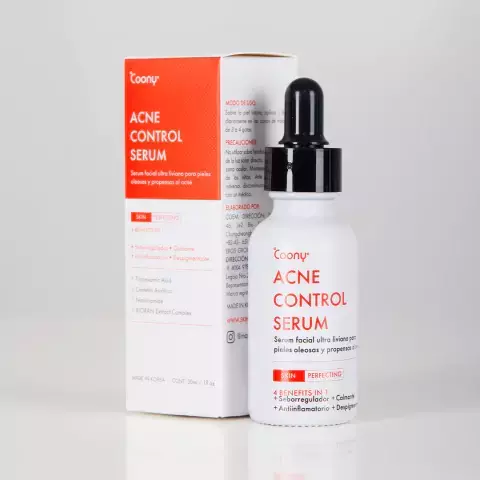Frasco de suero facial "Acne Control" de Coony, con caja, diseñado para pieles con acné.