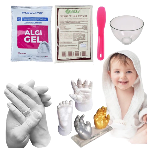 Kit moldagem pés e mãos bebê, adulto, odontologia - gesso pedra tipo III YAMAY, alginato MAQUIRA, espátula, cubeta 500ml