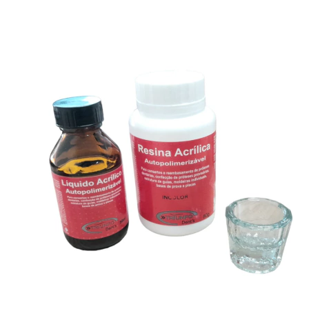 Resina Acrílica Autopolimerizável 80g + Líquido Acrílico Autopolimerizável 50ml Triunfo + Pote Dappen de Vidro