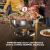 Rechaud dourado RM redondo em aço inox com fogareiro, mantendo pratos quentes por até 6h em um buffet.