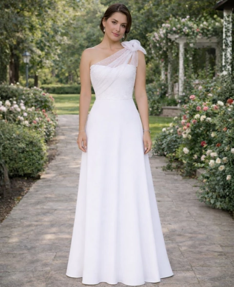 Vestido Noiva Civil Branco Longo de Tule Poá com Laço