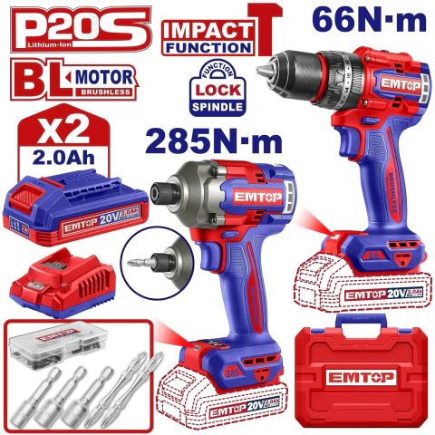 COMBO MALETIN TALADRO ATORNILLADOR C/IMP 66nm + LLAVE DE IMPACTO 1/4 400nm C/BAT Y CARGADOR *EMTOP*