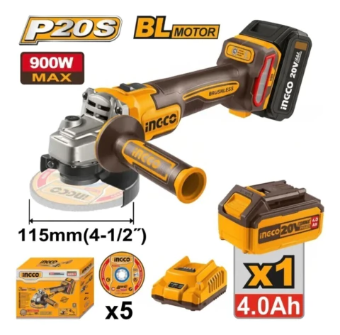 AMOLADORA 20V 4 1/2" BRUSHLESS C/BATERIA Y CARGADOR + 5 DISCOS *INGCO*