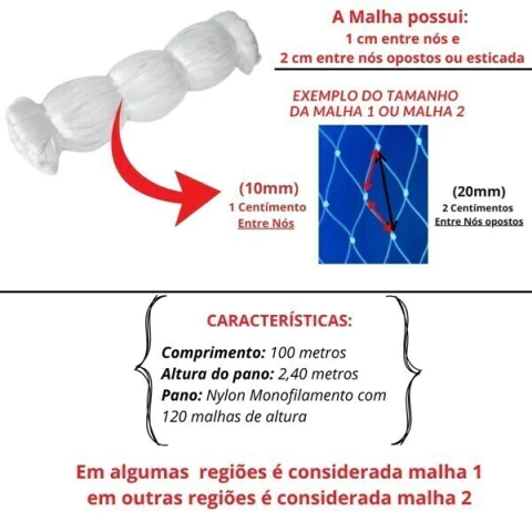 Pano de Rede Malha 2 10mm Fio 0.25 2,40m x 100m 25x10x120
