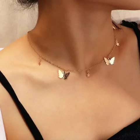 Colar de Borboletas e Estrelas Folheado a Ouro 18k