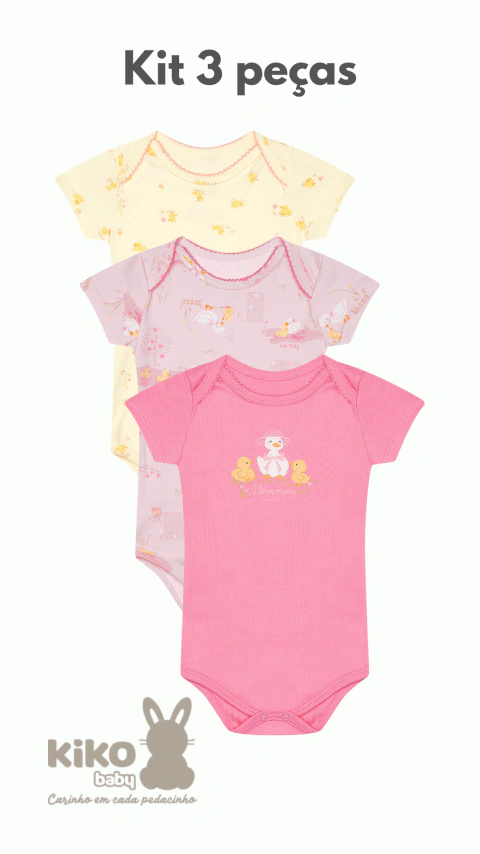 Kit Body Bebê Menina Kiko Baby Manga Curta em Suedine 3 Peças 15199