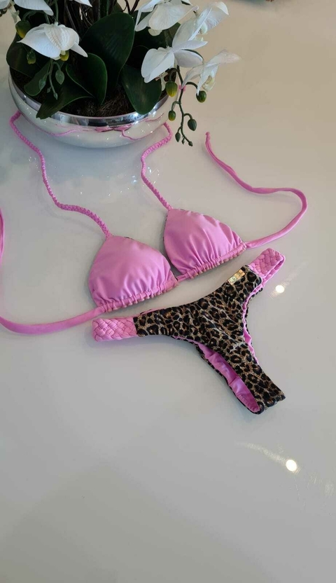 Biquíni Trança Animal Print/Rosa Bebê Dupla Face