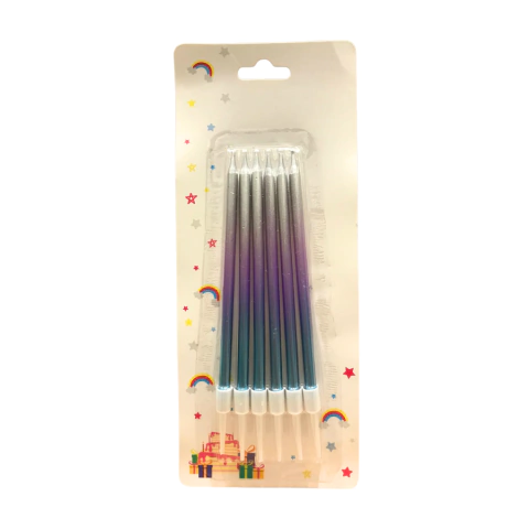BLISTER VELAS FINITAS DEGRADE PLATA/CELESTE 13cm x 6u - comprar online