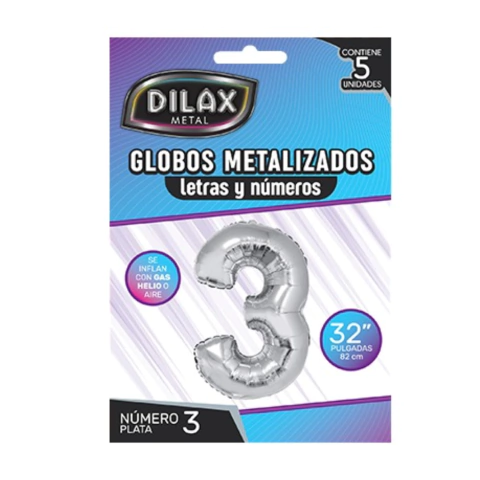 Globo Metalizado Plateado 32'' Número 3 Dilax - Apto Helio - comprar online