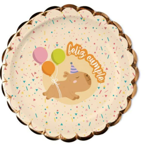 Plato de Carton Capybara Borde Dorado Pack x 8 unidades - comprar online