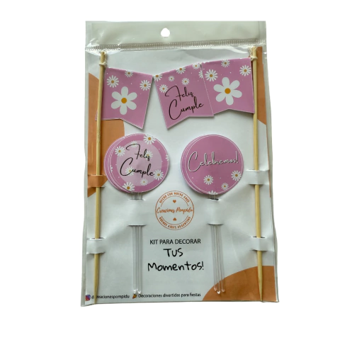 Set Feliz Cumple Banderín y Toppers Margaritas x 7 unidades - comprar online