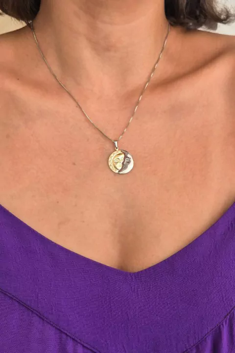 Colar Sol e Lua - Prateado - Banho de Ródio