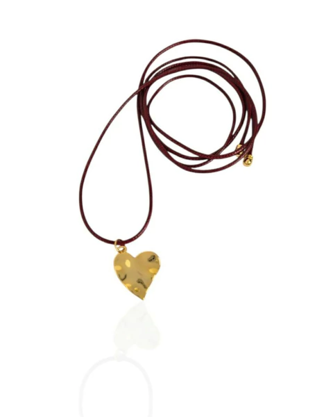 Colar Pingente Coração Orgânico - Dourado - Couro Cores Diversas