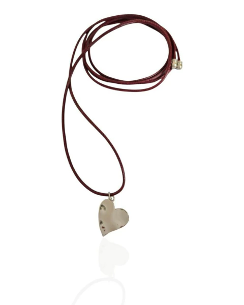 Colar Pingente Coração Orgânico - Prateado - Couro Cores Diversas