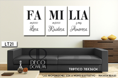 Tríptico decorativo con la palabra "FAMILIA" y descripciones en un estilo moderno.