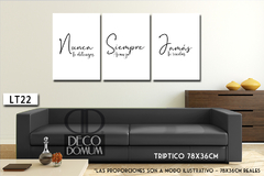 Tríptico decorativo con frases motivacionales: "Nunca te detengas", "Siempre avanza" y "Jamás te rindas", presentado en un ambiente moderno con un sofá negro.