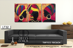 Tríptico decorativo "LT32 - Africanas" con siluetas de mujeres africanas en colores vibrantes.