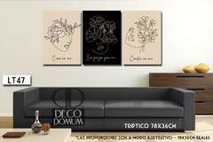 Tríptico decorativo con ilustraciones de rostros femeninos y frases inspiradoras, en un ambiente moderno.