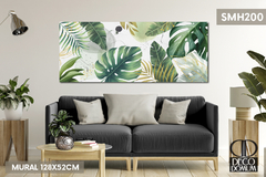 DECODOMUM Mural 110x52cm con hojas de monstera y plantas verdes en un ambiente moderno.