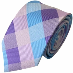 Gravata Slim Xadrez Azul Lilas e Rosa