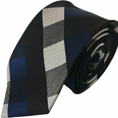 Gravata Slim Xadrez Preto Azul e Branco