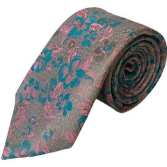 Gravata Slim Kashmir Floral Azul Rosa e Cinza