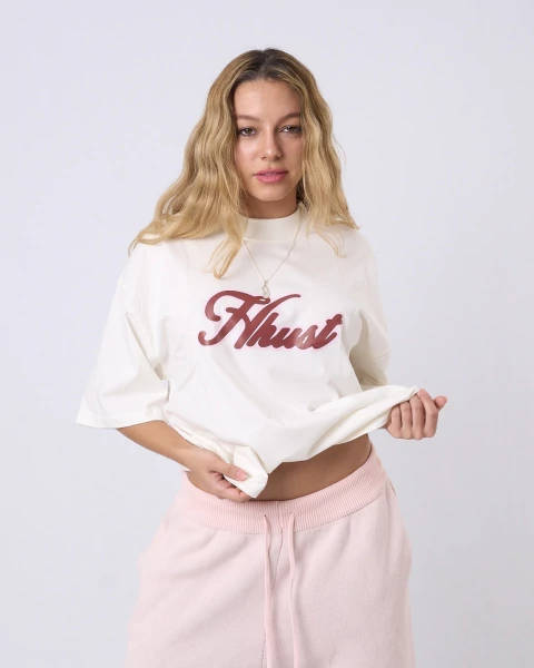 Remera Boxy Hhust Cursiva - Rosa con Bordo - comprar online