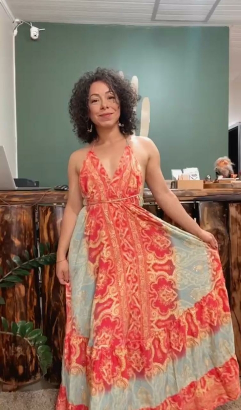Vestido Indiano Longo - Vermelho/Verde