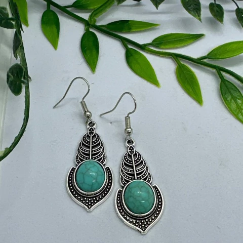 Brinco Boho Folha Azul Turquesa