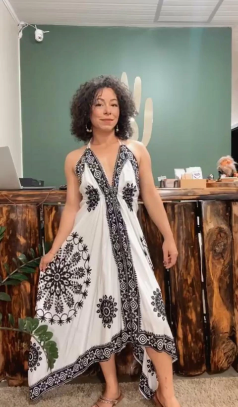 Vestido Indiano Longo - Branco/Preto