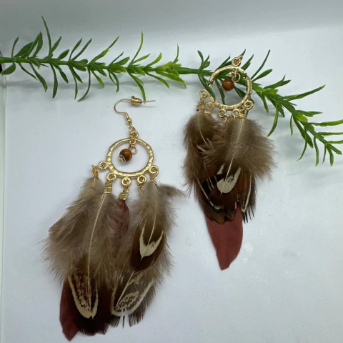 Brinco Boho Pena Marrom