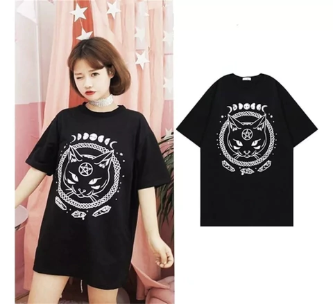 Gato Gotico Remera Oversize Grunge Witch Harajuku