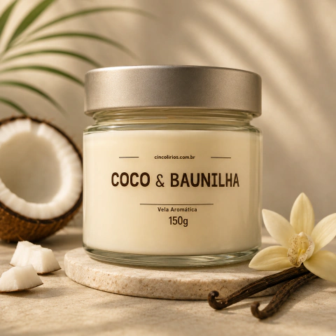 Vela aromática em pote de vidro com tampa metálica, fragrância coco e baunilha, pesando 150g, com coco cortado e flor de baunilha ao lado.