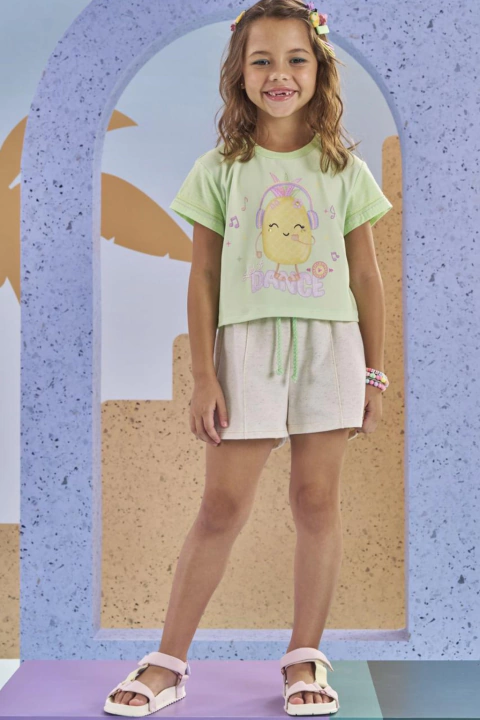 Conjunto Infantil Kukiê Verão Blusa Abacaxi Dance Verde e Shorts em Moletom sem Pelúcia - comprar online