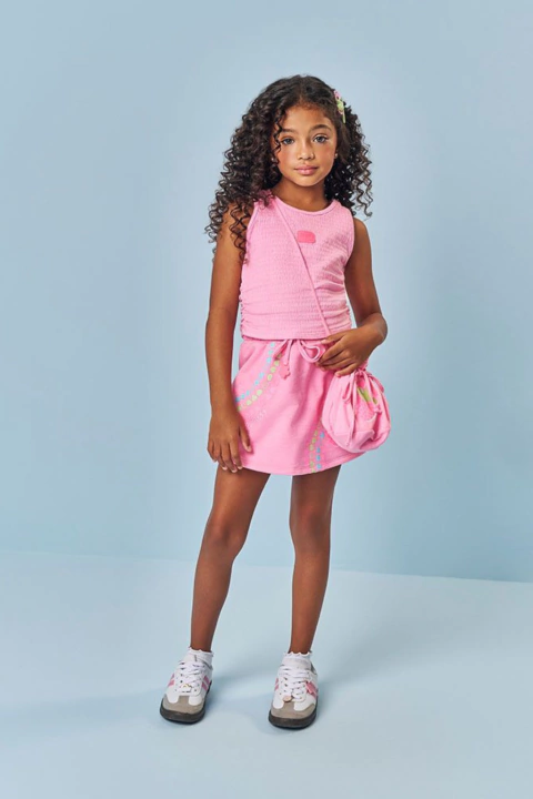 Conjunto Infantil Cinti Verão, Shorts Saia e Regata Rosa com Bolsinha - comprar online