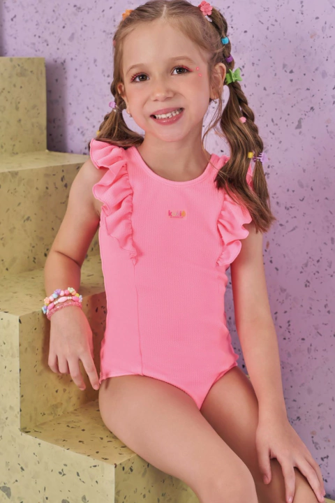 Maiô Rosa Kukiê Infantil em Malha Jacquard Textura com Proteção UV50+ - comprar online